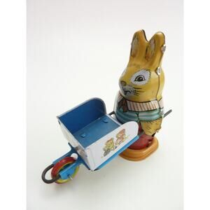 Vintage 1980s Tin Litho Wind Up Toy Bunny with Cart Collectible